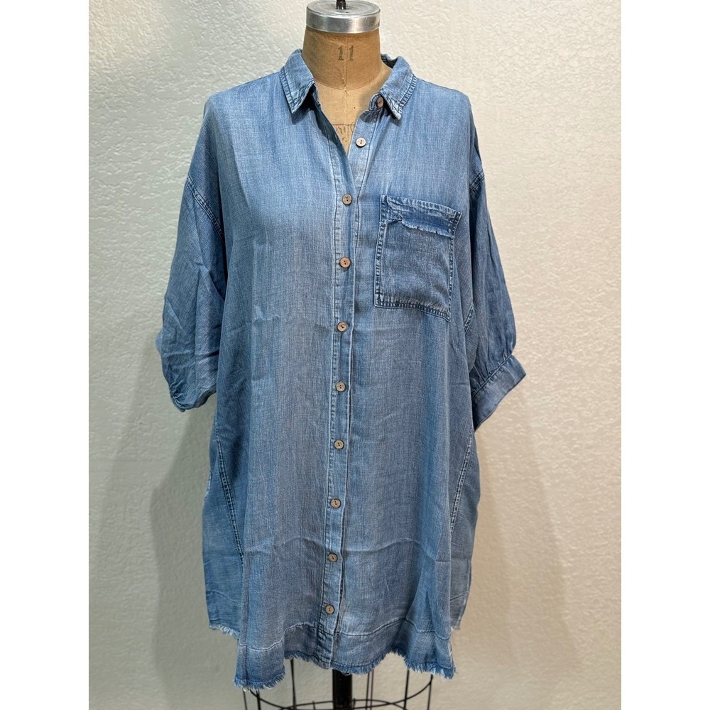 Mittoshop Womens Blue Chambray Button Down Tunic Dress Duster Frayed Small NEW